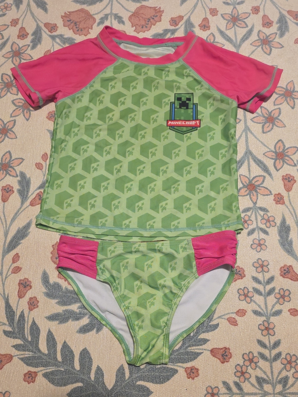 Minecraft Girls' Green & Pink Rash Guard Bikini Set